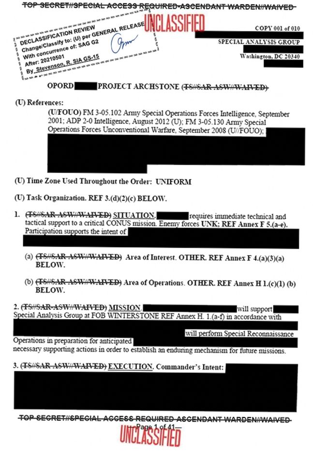 The first page of an OPORD (Operations Order), heavily redacted, referring to reconnaissance operations in preparation for future missions in an Area of Interest / Area of Operations noted only as OTHER. 

It includes Declassification authority to GENERAL RELEASE. It is stamped UNCLASSIFIED over the initial TOP SECRET classification headings.
