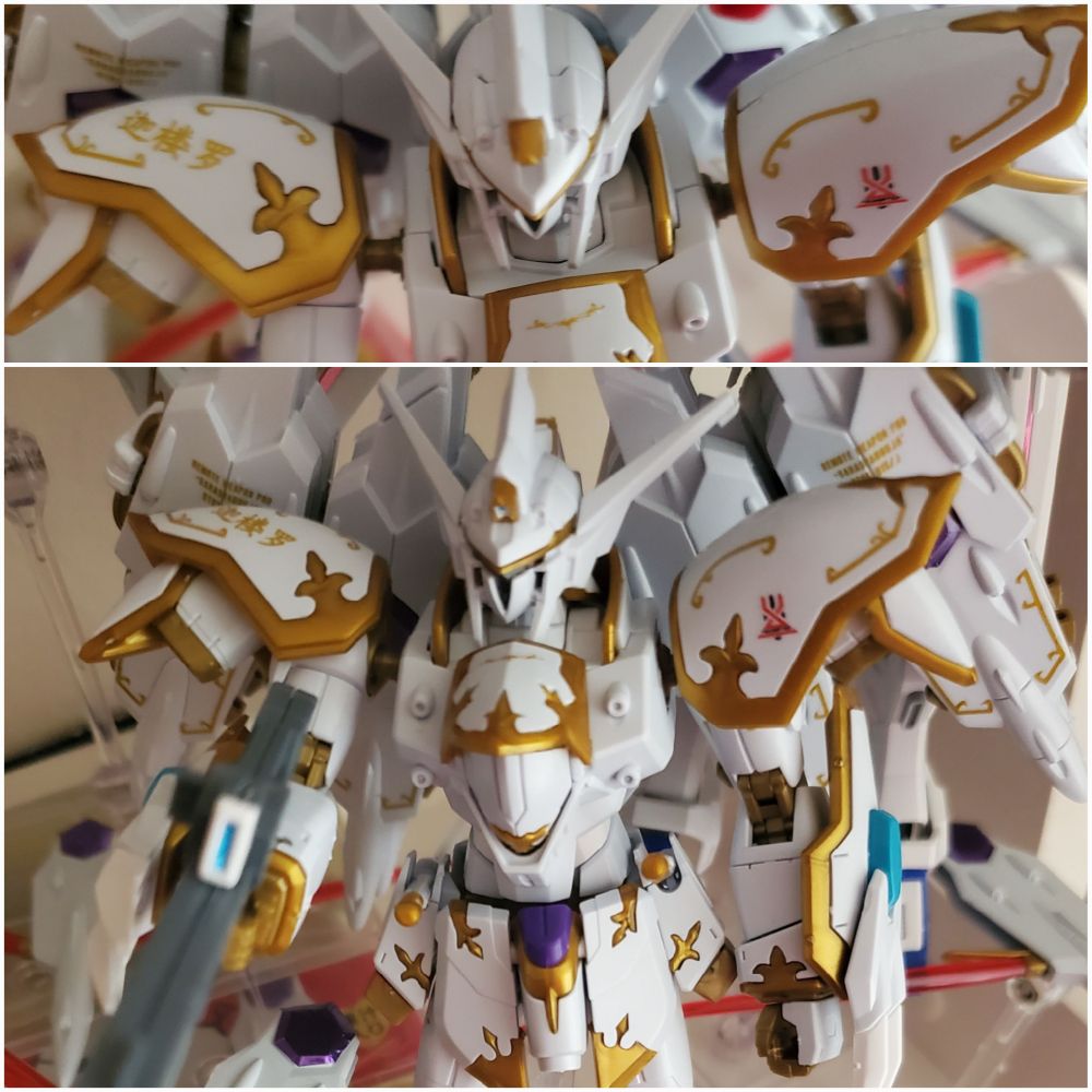 A knock off 1/144th scale High Grade model of Black Knight Squad - Cal-re.A, from the anime movie Gundam SEED Freedom, with decals visibly applied to the shoulders and backpack.