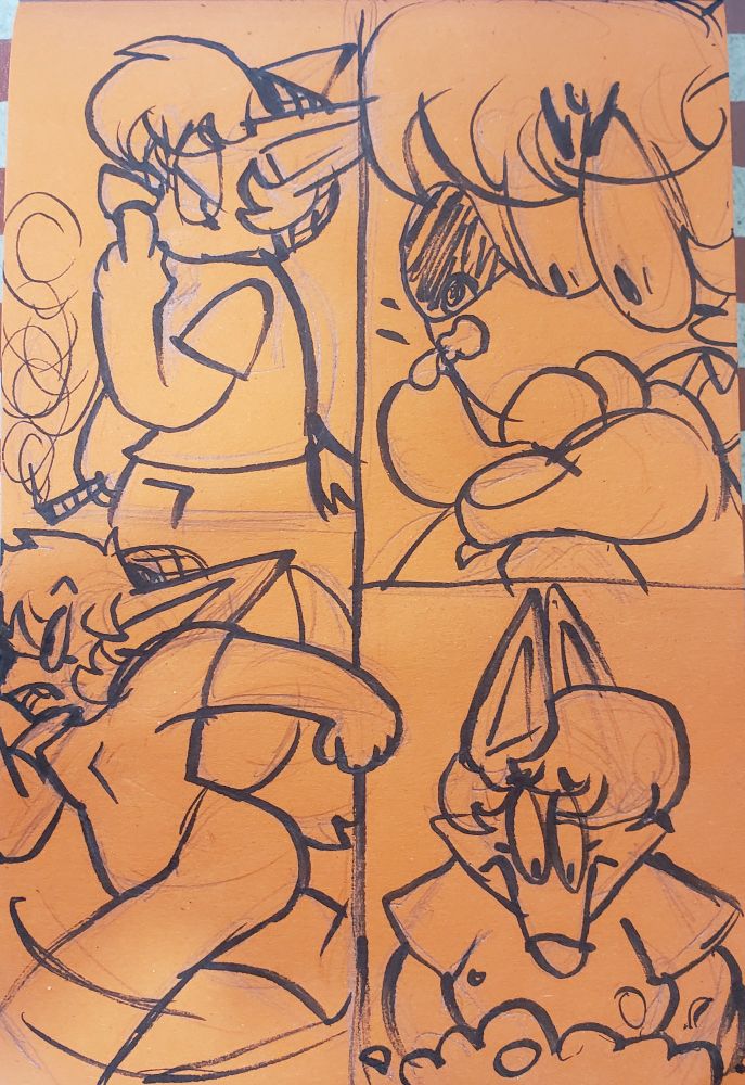 A traditionally drawn cartoon comic. The paper is orange and it's illustrated in black marker. 

First panel is female fox girl in a hairnet, slouching over with a lit joint in one hand, her other occupied with picking her nose.

Panel 2 is a close-up of her look of shock and anger as she notices a little booger on her claw.

Panel 3 is the character rushing back inside her work in distress. The drawing comes out of the frame slightly and into the other panels, as she swings her arms.

The final panel is a front view of her at the sink, looking down and scrubbing her paws aggressively. Her face appears stretched downwards as she peers down into the sink, for the funny.