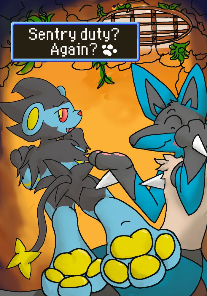 A luxray rests their hind paws on their Lucario partners lap, and teases them by asking "Sentry duty? Again?"