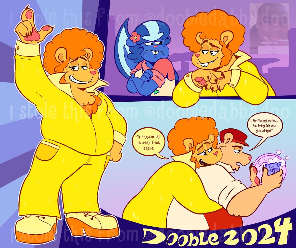 Various digital doodles of Disco Bear. The leftmost one is of him striking a pose, looking confidently and casually at the viewer.

The top doodle is of him looking lovingly at Petunia. The skunk lady is looking at him with a very disgusted and repulsed glare, clearly not reciprocating Disco Bear’s feelings.

The bottom doodle is one of Disco Bear and Pop, presumably in a relationship. Disco Bear is hugging the unamused Pop from behind. Pop is doing the dishes in the midst of the hugging

“Oh, babe,” Disco Bear addresses his lover, The ice cream truck is here!”

Pop sighs, “…Go find my wallet… And bring Cub with you, okay?”