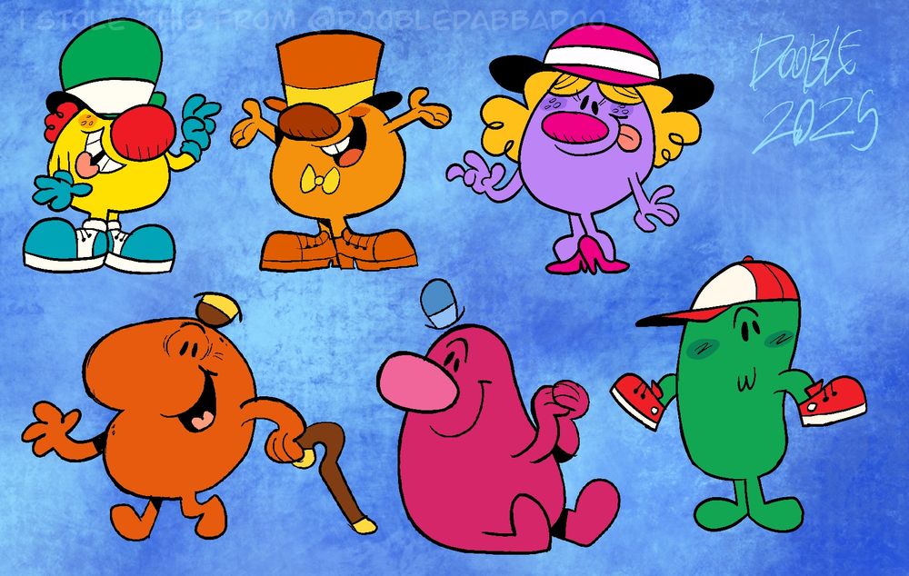 Various doodles of Mr. Men characters from the books (and Mr. Scatterbrain). 

From left to right: Mr. Nonsense, Mr. Topsy-Turvy, Mr. Silly, Mr. Scatterbrain, Miss Dotty, and Mr. Muddle.
