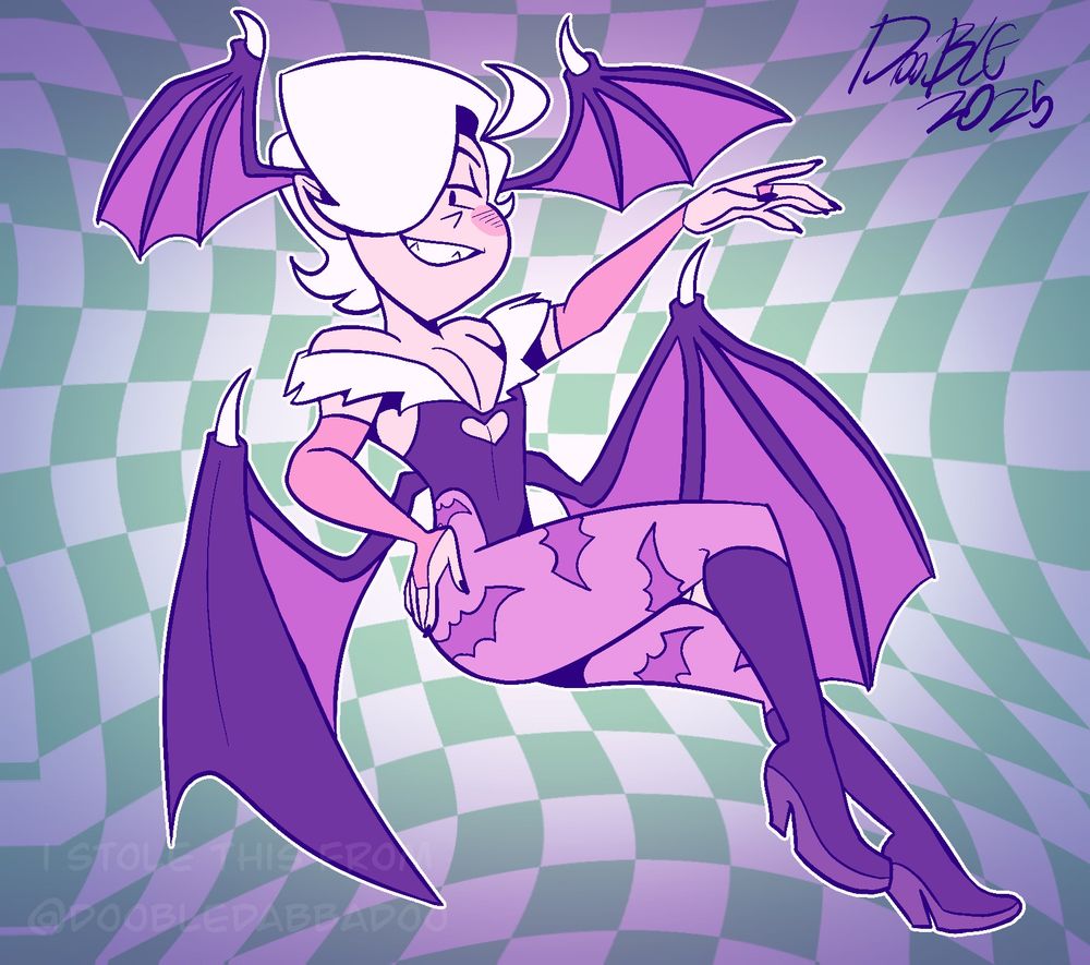 A digital illustration of Elliot Eversong, a slender, white-haired androgynous vampire, dressed as Morrigan Aensland from Darkstalkers. They’re striking a pose, looking at the viewer with a fangy smile. 