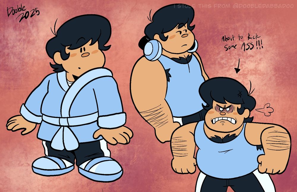 A digital illustration of humanized Mr. Quiet. He’s depicted as a short, tan-skinned stout man with plenty of body hair. Illustrations include him looking interested, averting his gaze from the viewer, and looking pissed off.