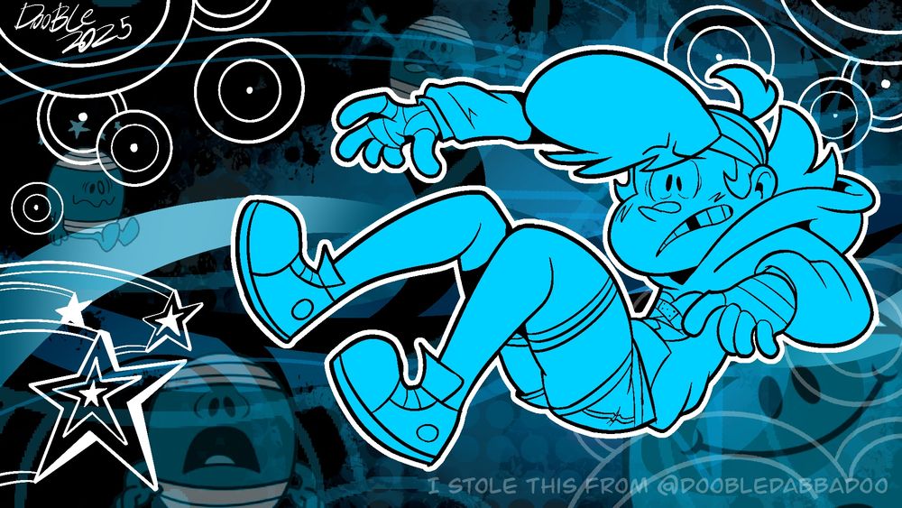 A digitally illustrated, Frutiger Metro inspired wallpaper featuring a humanized Mr. Bump. He’s being flung to the other side of the screen, clearly confused and startled. 

This version uses black, blue, & white only.
