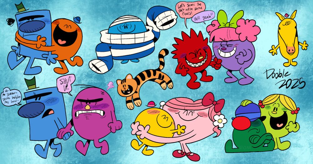 More Mr. Men doodles, mainly requests from friends.

These include Mr. Grumpy & Mr. Tickle, Mr. Grumpy & Mr. Stubborn, Mr. Bump in a sweater, Miss Sunshine’s cat, Miss Hug and Mr. Bounce hugging, Miss Scary and Miss Naughty scheming, Mr. Bounce as a horse, and Miss Yes & Mr. No.