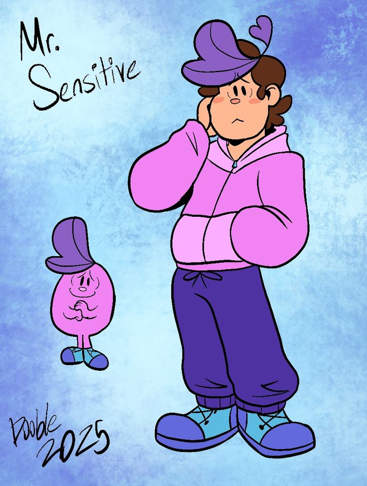 A humanized version of Mr. Sensitive, a Mr. Men Little Miss OC made by @HonoraryTitles on Tumblr. He’s depicted as a white man with brown hair, round features, and comfortable clothes.