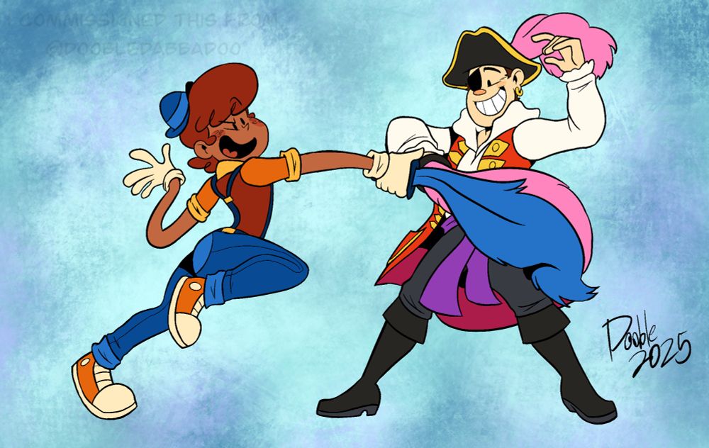 A digital illustration of Mr. Tickle (from the Mr. Men Show) & Captain Feathersword (from the Wiggles) having a playful sword fight… Except the swords are large, colorful feathers. Commissioned by @HonoraryTitles on Tumblr.