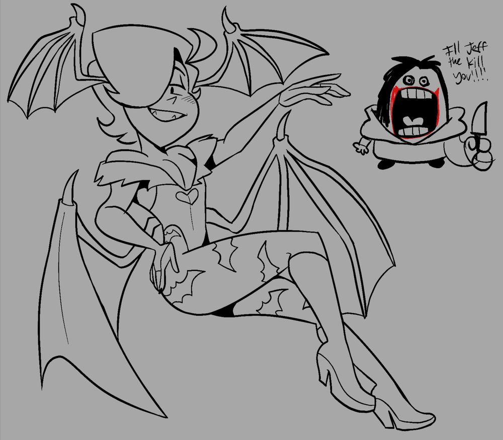 An uncolored sketch of Eli as Morrigan, but there’s a crudely drawn Jeff the killer in the corner shouting, “I’ll JEFF THE KILL YOU!!!!!”