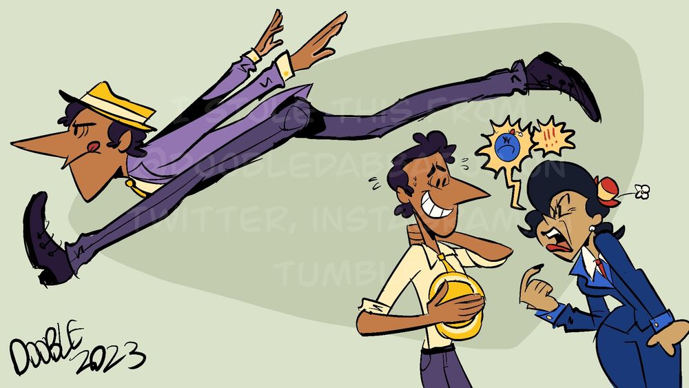 A couple of digital sketches featuring a humanized version of Mr. Rush (and one including Miss Bossy). In the first sketch, Mr. Rush is speeding to the left of the viewer, running with his arms stretched out behind his back. In the second sketch, Miss Bossy is scolding him harshly, making him a little nervous.