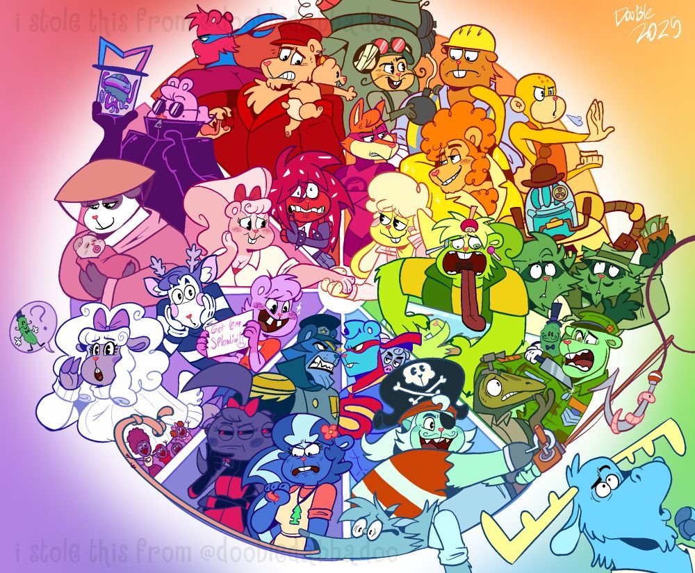 A digital illustration including numerous Happy Tree Friends characters. Each character is contained in a certain segment of the wheel that their color feels most aligned to.

Red included Splendont, Pop, Cub, and Flaky. 
Orange includes Mouse Kaboom, Handy, and Wonder Wanda. 
Yellow includes Cuddles, Disco Bear, Buddhist Monkey, & Tick Talk. 
Green includes Nutty, Cro-Marmot, Flippy, Mr. Pickels, Sneaky, Lifty, & Shifty.
Light Blue/Cyan includes Splendid, Russell, Sniffles, Truffles, & Lumpy (who’s actually out of the frame & on the bottom right corner).
Deep Blue/Indigo includes Tiger General, Petunia, and Webster.
Purple includes Lammy, Mime, Toothy, and the ant family.
Pink includes Panda Mom and her baby, the Mole, Man O’ War, & Giggles.