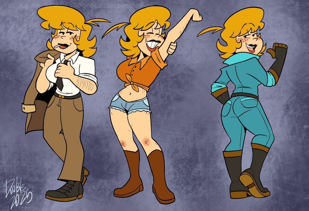 My character, Junebug, in various different outfits. She is a blonde freckled woman.

From left to right, she’s wearing a suit with the jacket over her shoulder, a short-sleeved orange shirt with pale denim shorts, and her usual jumpsuit.
