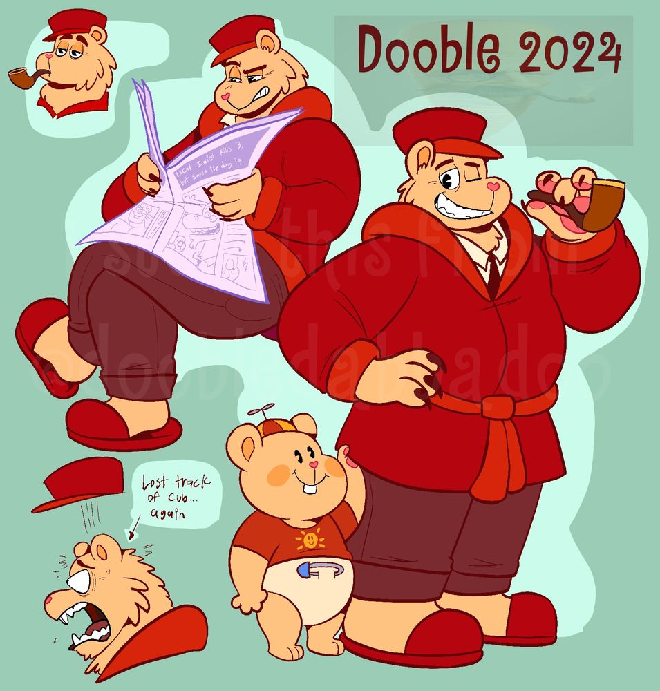 Varios digital doodles of Pop from Happy Tree Friends, including one with Cub by his side. The rightmost doodle has Pop standing confidently, winking at the viewer while he holds a pipe with one paw. Cub is looking in awe by his side, clinging onto the bottom of his smoking jacket.

To the left of the last doodle, Pop is sitting down with his legs crossed. He is reading the newspaper, looking at it with a disapproving glare. Above this doodle is a simple one of Pop smoking a pipe.

The bottom left corner has Pop worried about losing Cub again, freaking out so much that his hat jumped right off his head in a cartoonish manner.