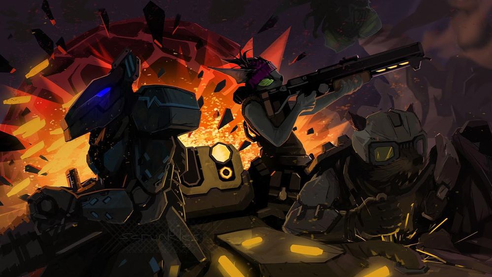 3 creatures protecting a drilldozer on hoxxes, original work by me, deep rock galactic, not ai, fuck ai