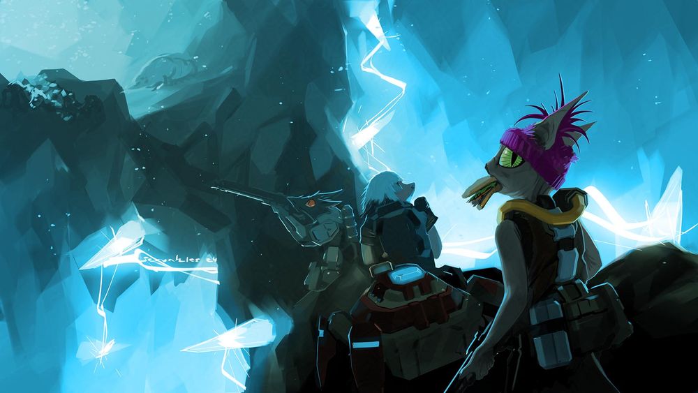 anthropomorphic sphinx cat and friends traversing a rock bridge in a dark cave lit partially by blue bolts of electricity arcing between crystals, they are nervously watching the ceiling