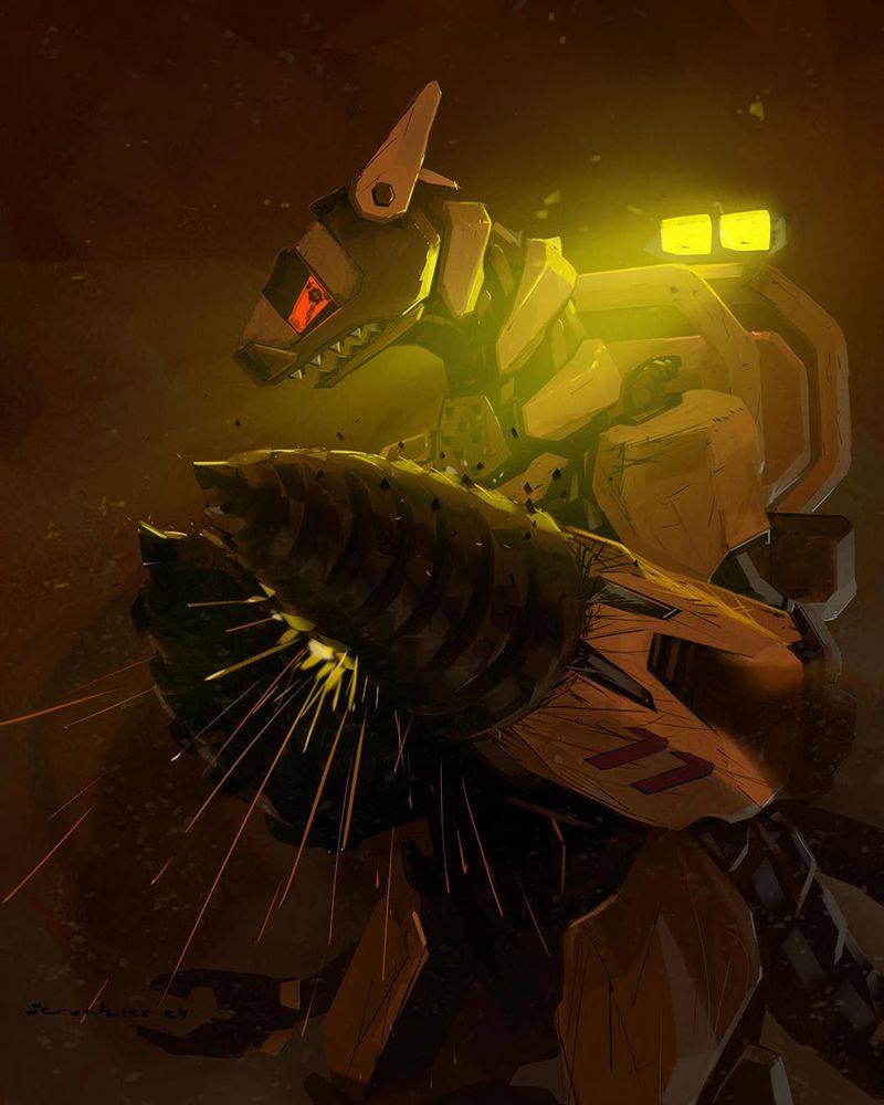 Mecha version of DRG driller character grinding drills while not too happy, orange environment, yellow flood lights behind shoulders