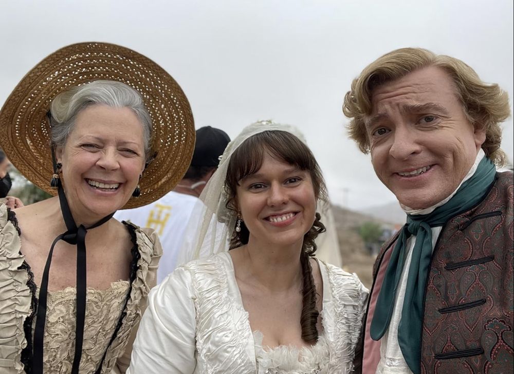 Behind the scenes of the wedding of Stede and Mary. Ros Gentle, Claudia O’Doherty, and Rhysie Darby. 