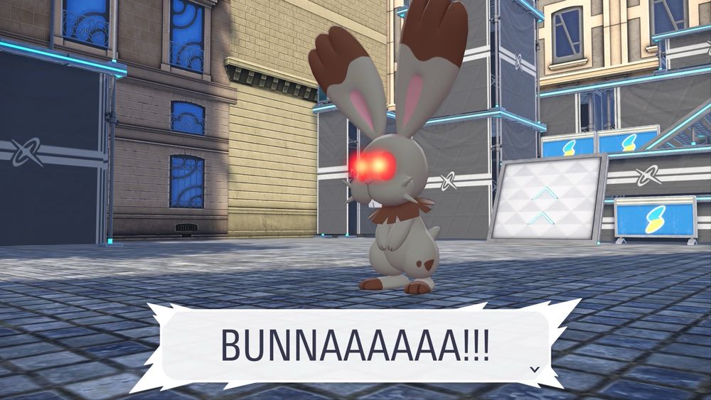 A large bunny Pokemon with laser red eyes screeching: “BUNNAAAAAA!!!”