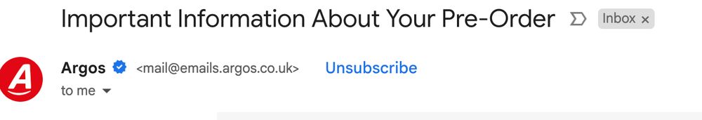 Email header from Argos saying 'Important information about your pre-order'