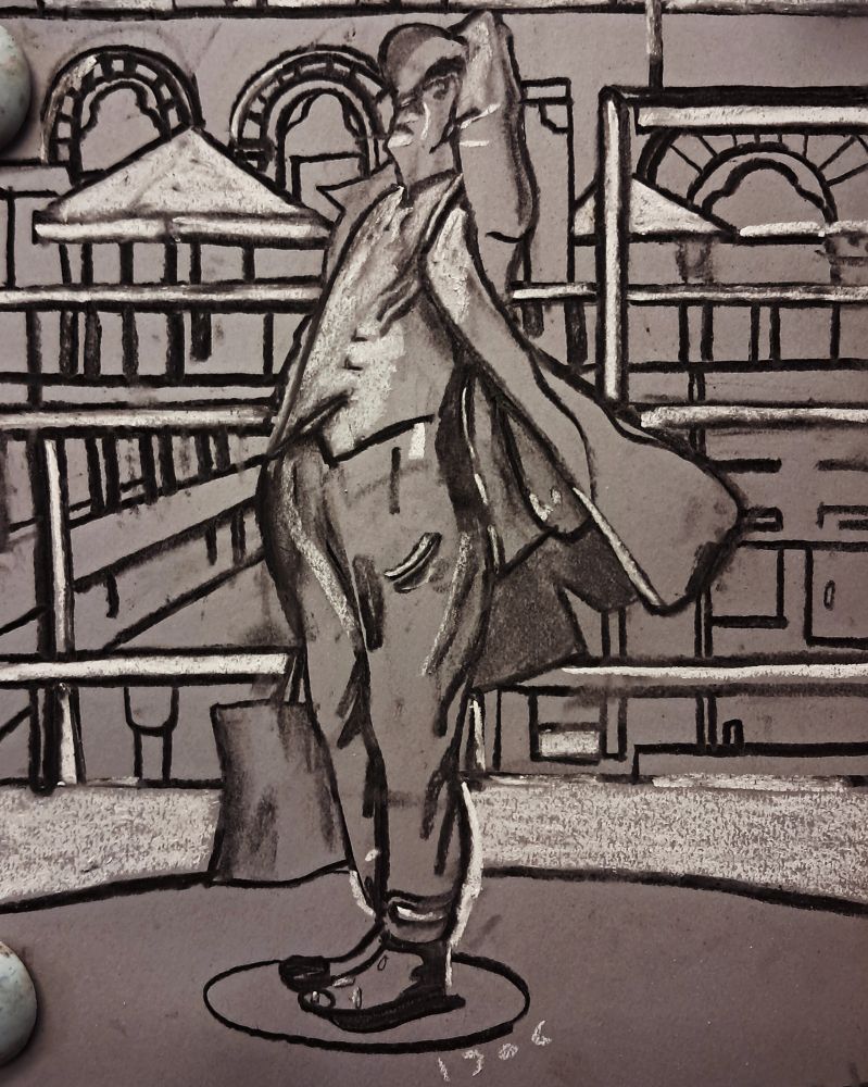 A statue of a man in a train station in England. Part of my statue series.