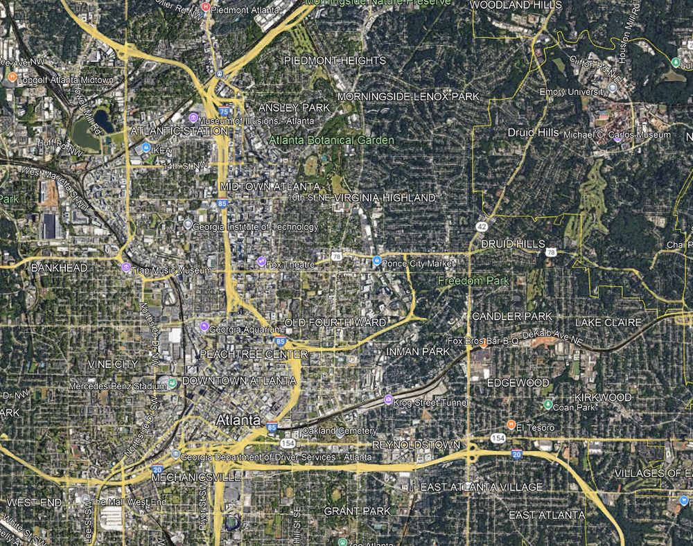 Google Earth screengrab of Downtown Atlanta and the areas to its northeast; at the northeast corner of the map is Druid Hills, where Emory and the CDC are.