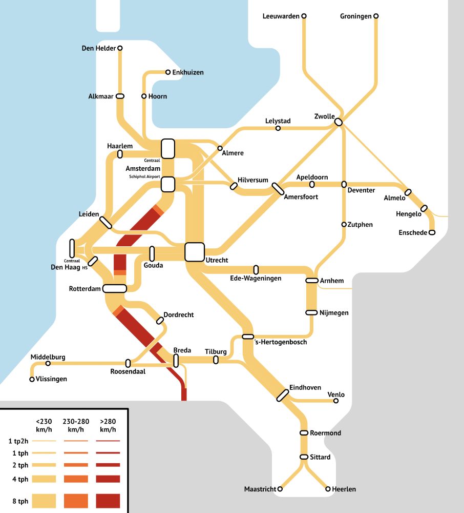 Schematic map of Dutch IC lines, labeled with speed (only one line is fast) and frequency.