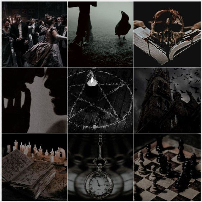 A 3x3 moodboard: 1st pic is of people dressed up for a ball and dancing, 2nd pic features someone in black dress shoes walking next to a crow, 3rd is a bleeding skull inside a book, 4th is the outlines of 2 people about to kiss, 5th is a pentagram, 6th is an old gothic looking building with birds flying around it, 7th is a moon with candles in front of it, 8th is a pocketwatch swinging back and forth, and last image is of a chessboard