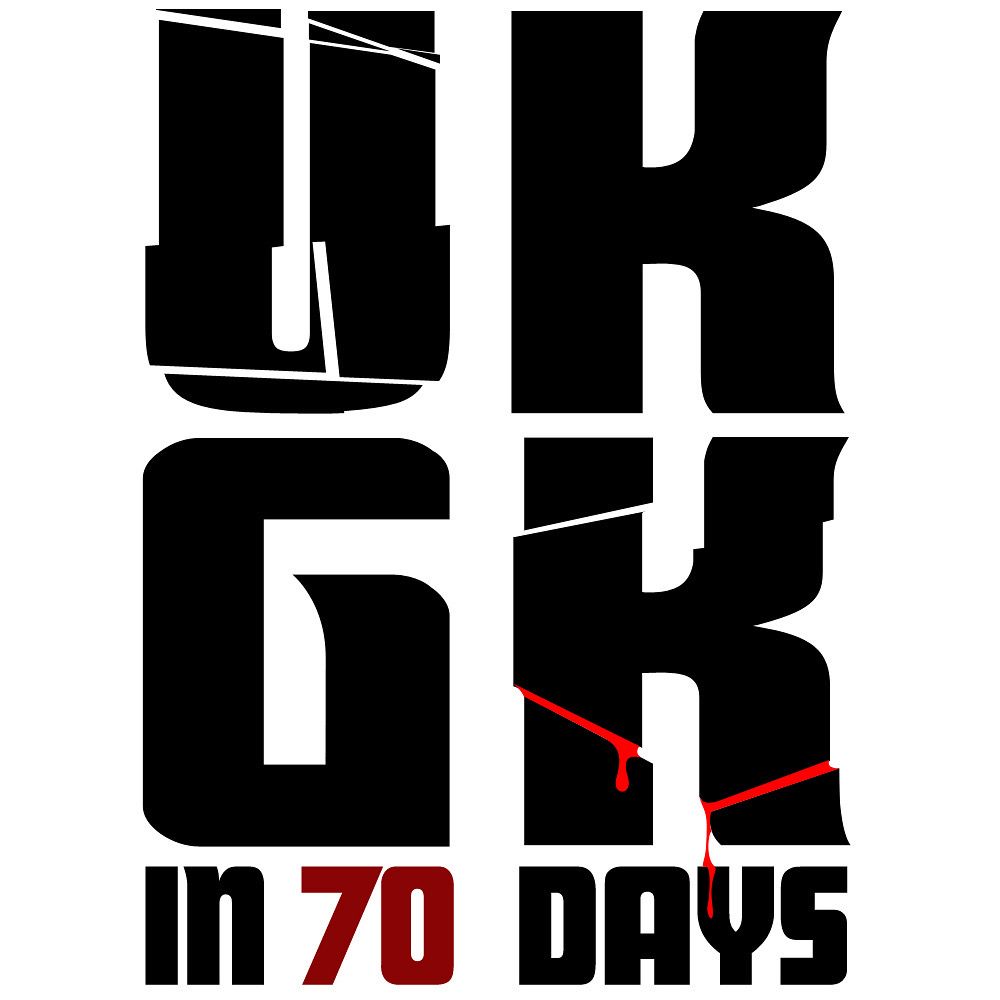 Black letters reading U,K,G,K on a white background the U and the K are broken up with red seems visible in the K