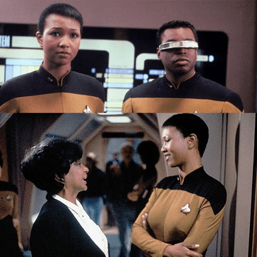 Mae Jemison in costume with Levar Burton as LaForge on TNG and talking to Nichelle Nichols (not in character) 