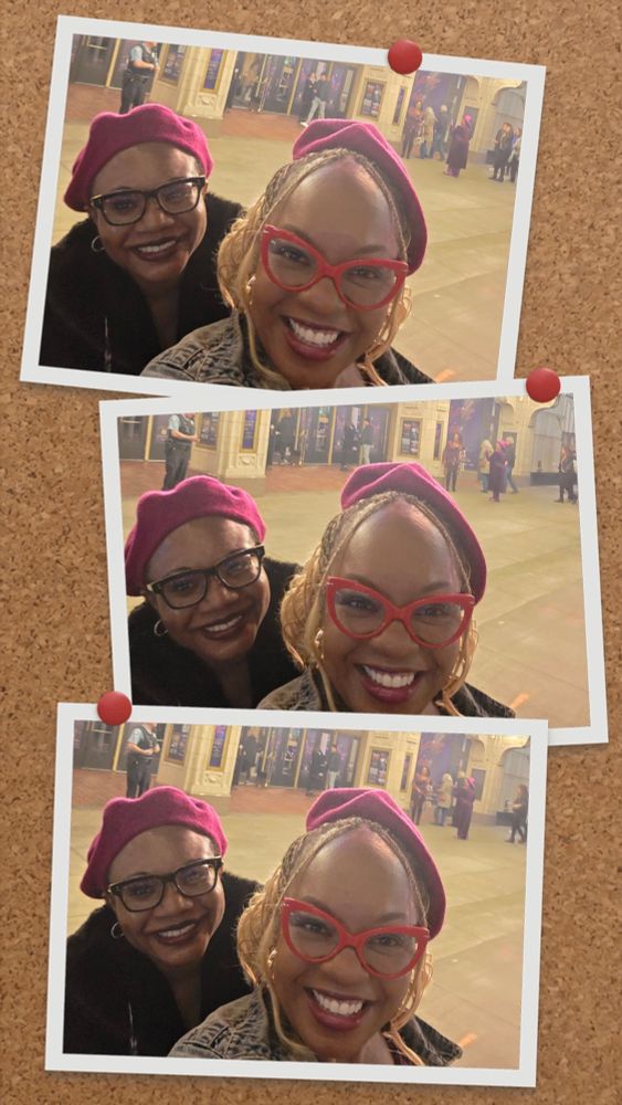 In front of the State Theater in Minneapolis before seeing the Purple Rain musical on 23 October 2025 with Paula Edgar (one of my very best besties) wearing our raspberry berets 