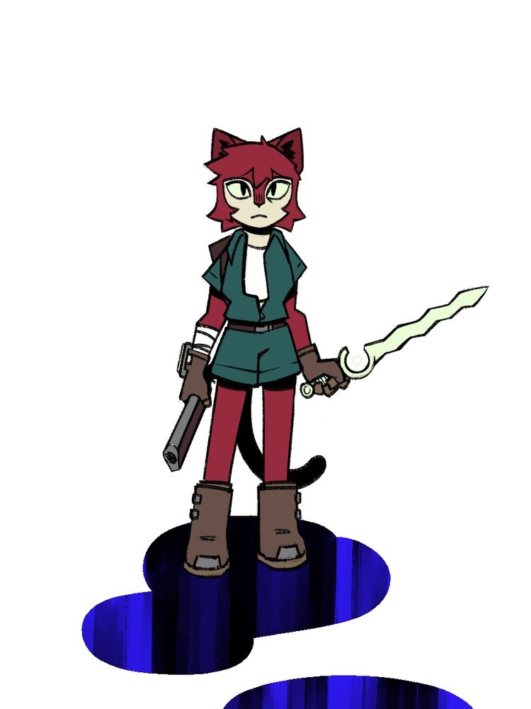 A digital illustration of an anthropomorphic cat in a blank void. Their fur is a pinkish red, except for their face and chest, which are cream colored. They're wearing a cropped white tank top and a green/blue jumpsuit with short legs and short sleeves. They have brown gloves and boots, with an odd looking gun in their right hand, and a sword that resembles a lightning bolt in the left. Some kind of electronic device is strapped to their right wrist, and their forearm is bandaged. There's a deep blue puddle under their feet that appears like it could continue downwards forever.