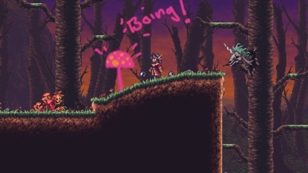 A woman in a red robe stands in front of a poorly drawn magenta mushroom with the text "Boing!". The scene takes place in a dead forest, surrounded by scary skeleton monsters.