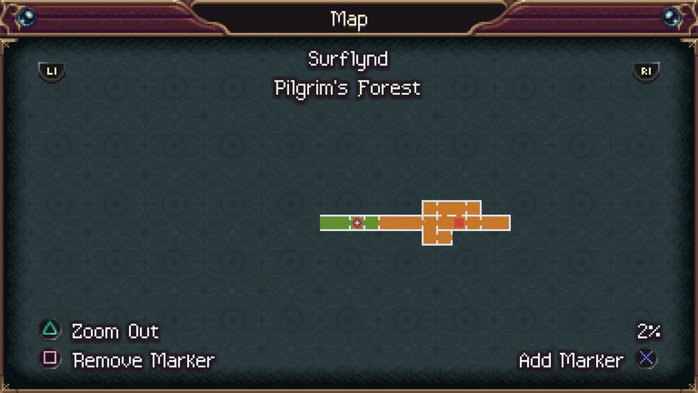 A Map Menu screen depicting the world that player has discovered so far. The area is titled Pilgrim's Forest in the realm of Surflynd. 