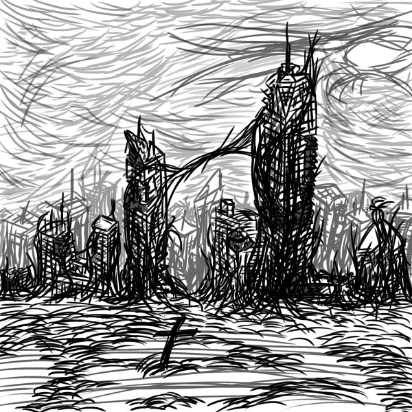 Greyscale lined digital drawing of a city after an apocalypse, with high rise buildings and skyscrapers having sustained heavy damage.  

The cross in the middle of the field symbolises the death of humanity. Plants have also taken back control over the human-made structures, eroding them with their roots.

The sky is overcast, by clouds of dust, smoke and water alike, the sun, is surrounded by dark clouds that form the shape of an eye, always separated, but watching terrestrial disasters unfold.

Art by henryharrz (me) / 48