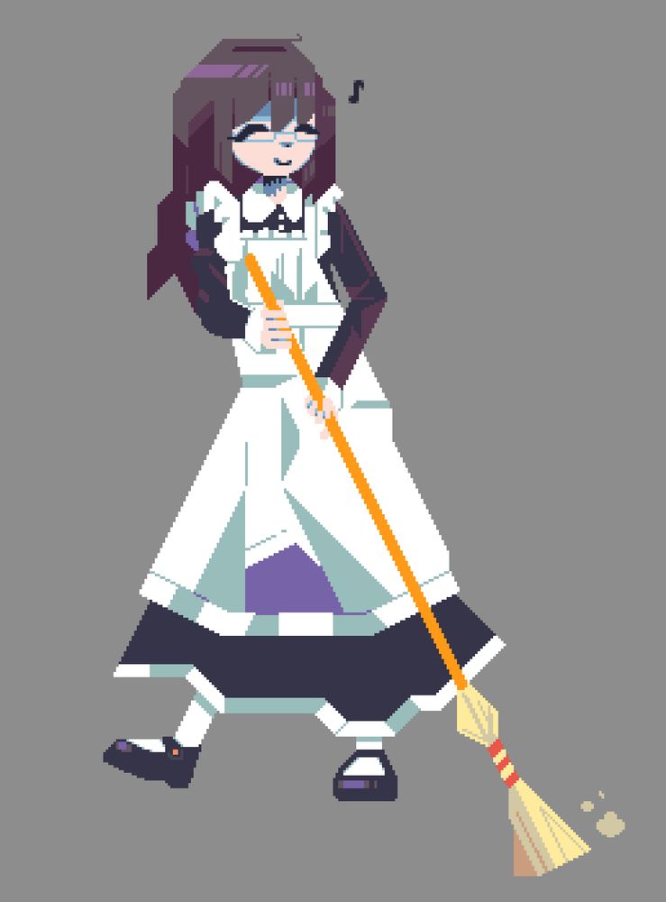 Pixel art rendition of a long-haired brunette maid sweeping the floor and humming to herself. She's wearing a pair of glasses.