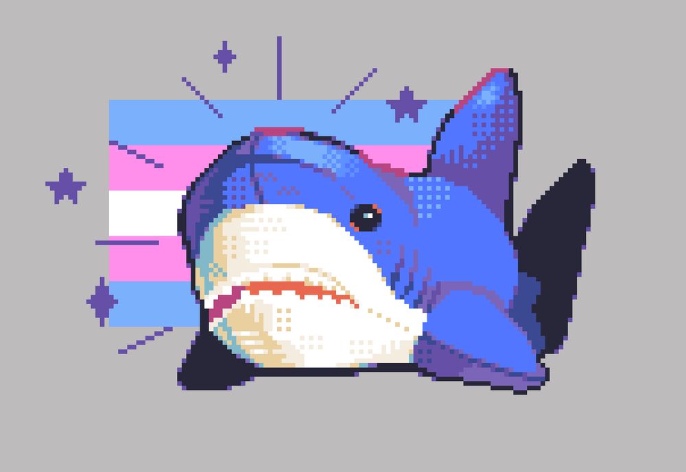 A pixel art rendition of Blåhaj, the well-known Ikea shark plushie. He's surrounded by sparkles and behind him is a transgender pride flag.