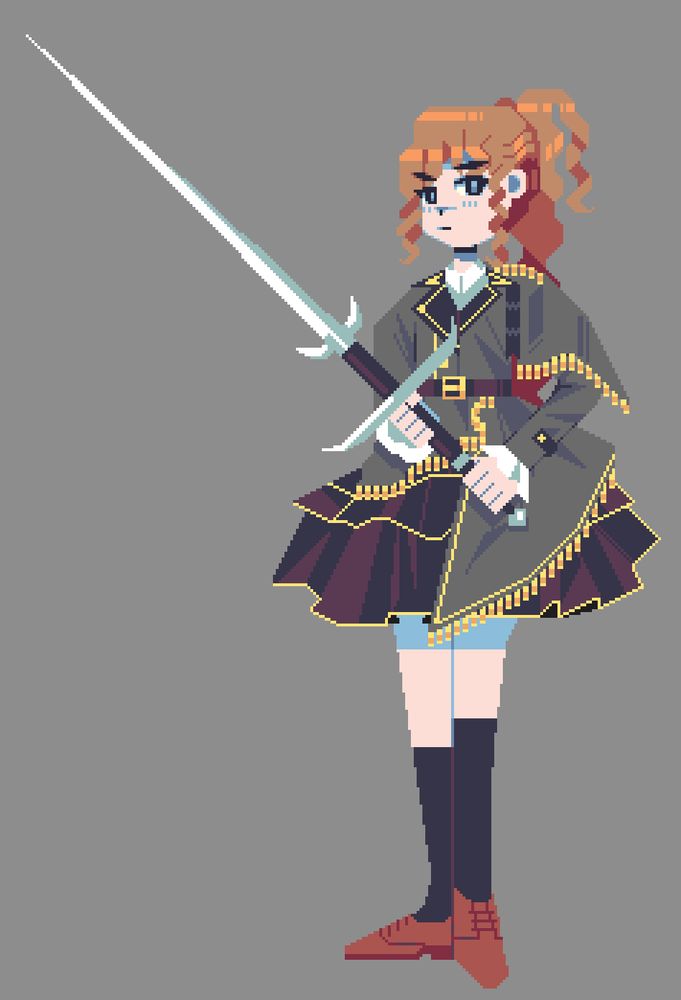 Pixel art rendition of a princess holding a zweihänder, a very long sword that's held with both hands. She has curly light brown hair tied up in a ponytail and is wearing a grey military lolita uniform characterized by a grey asymmetrical vest, a ruffled black skirt and lots of yellow ruffles and lining. She's also wearing knee high black socks and brown dress shoes.