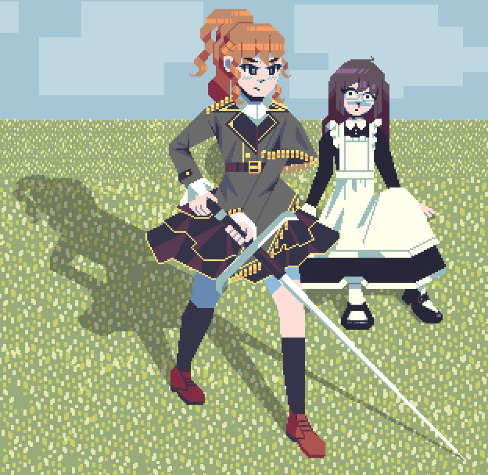 Pixel art rendition of a princess protecting a maid from danger, brandishing a long sword called a zweihänder. The maid has long brunette hair, glasses and is wearing a maid uniform. The princess is wearing a military uniform consisting of a greenish-grey top adorned with golden tassels and a belt, as well a multi-layered black skirt with golden lining along the rims.