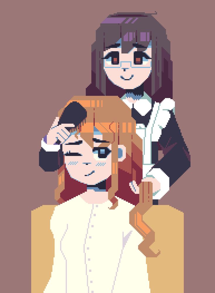 Pixel art rendition of a brunette maid brushing a light-brown-haired princess' hair. The maid is wearing a maid uniform and glasses, whilst the princess is wearing a simple white button-up nightgown.