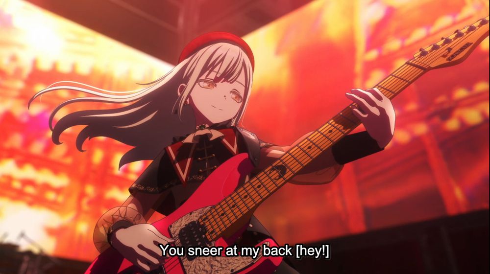 Mortis, from the anime Ave Mujica: The Die is Cast, playing a pink guitar on stage.