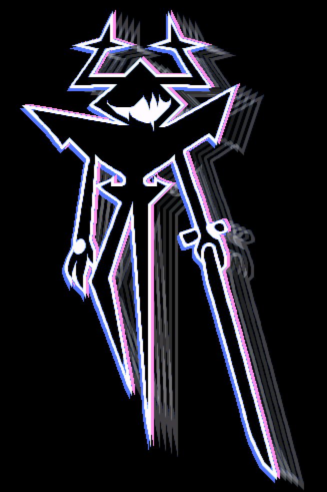 Pixel art rendition of the Knight, the recently-revealed main antagonist of the hit indie game Deltarune. They're a black and white figure whose armor is accentuated by very sharp corners. They are floating in place, holding a long sword, with an after-image effect behind them and a fanged smile on their face.