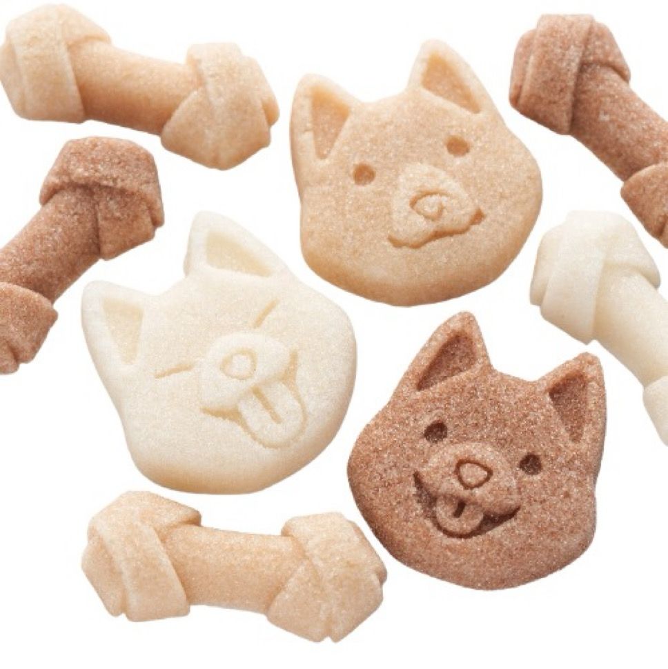 Puppy theme sugar cubes in various light shades of brown. Puppy head shape with various expressions and rawhide bone shape. 