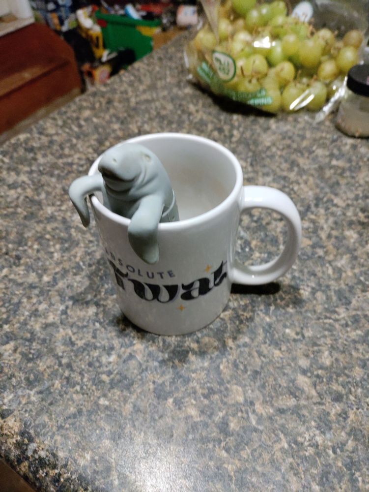 A gray silicone tea strainer in the shape of a manatee hangs on the rim of a slightly stained white mug emblazoned with the words "you absolute twat."