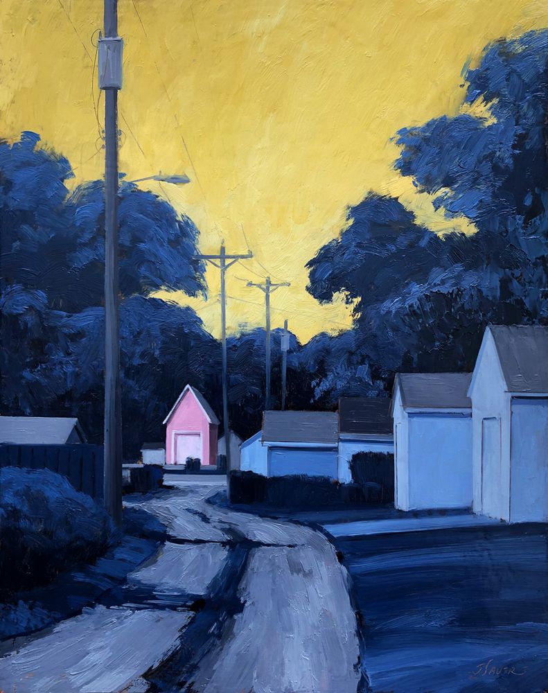 11x14 oil painting of one of the very few older northeast Minneapolis alleys that are still gravel, painted in a limited pallet of blue and yellow, with a distant pink garage.