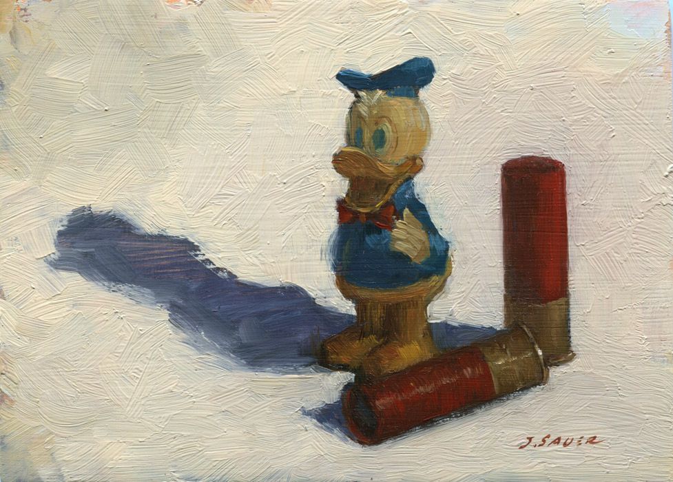 5x7 still life of vintage squeaky toy and 2 red shells.