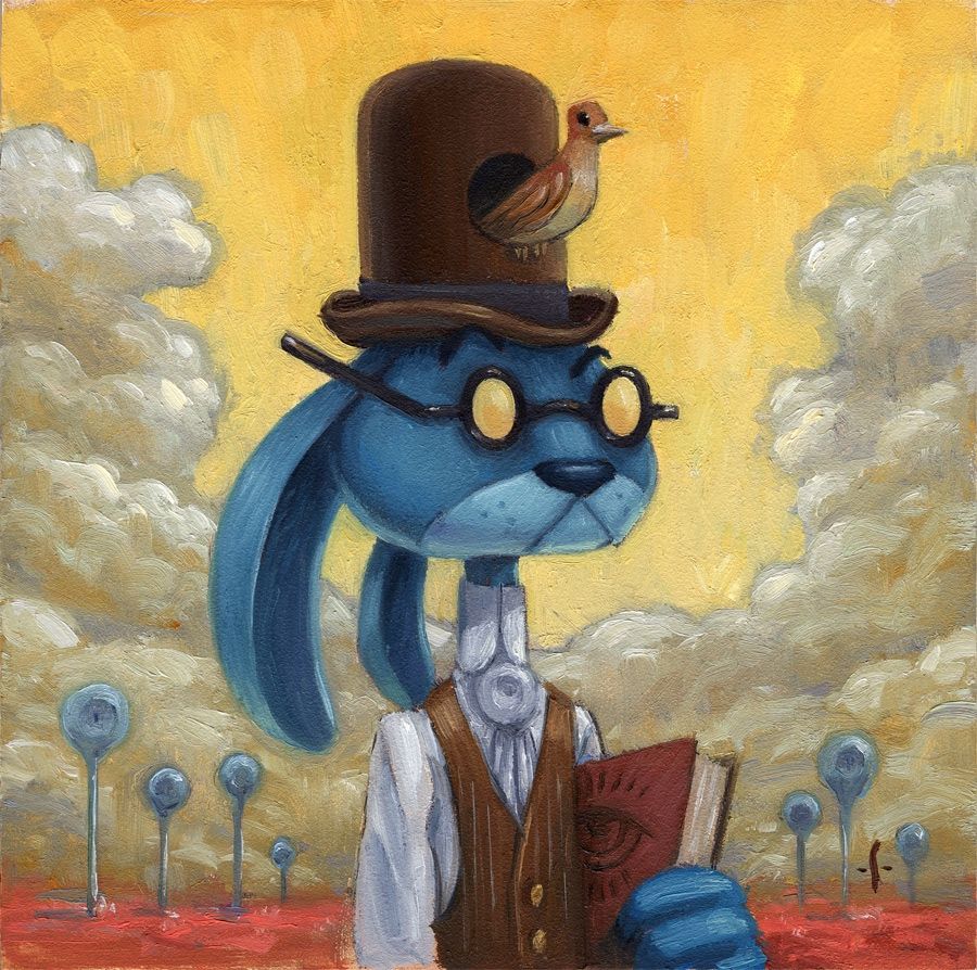 A mini surreal painting of a professorial blue rabbit in a vest and shirtsleeves, with a travel companion bird that lives in its bowler hat. They’re embarking on an adventure.