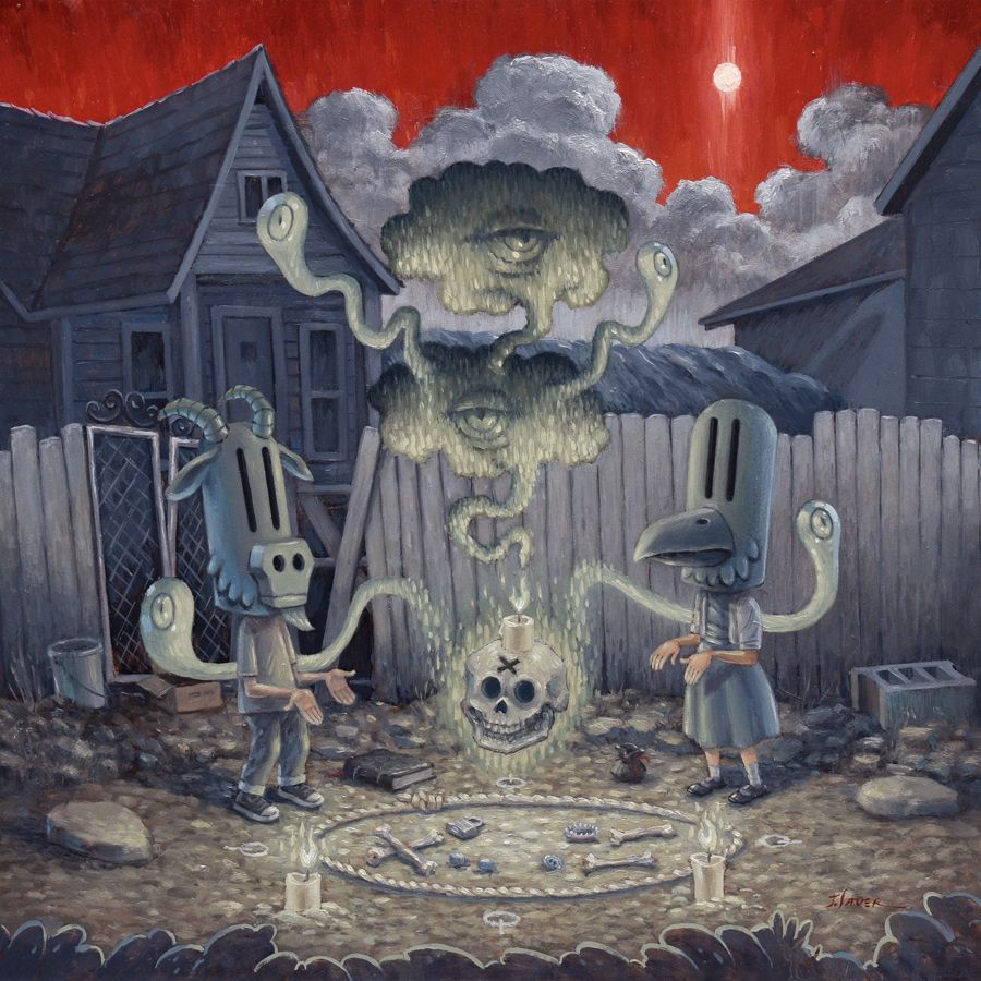 12”x12” oil painting of two kids in masks summoning up some mischief in a seedy alley.