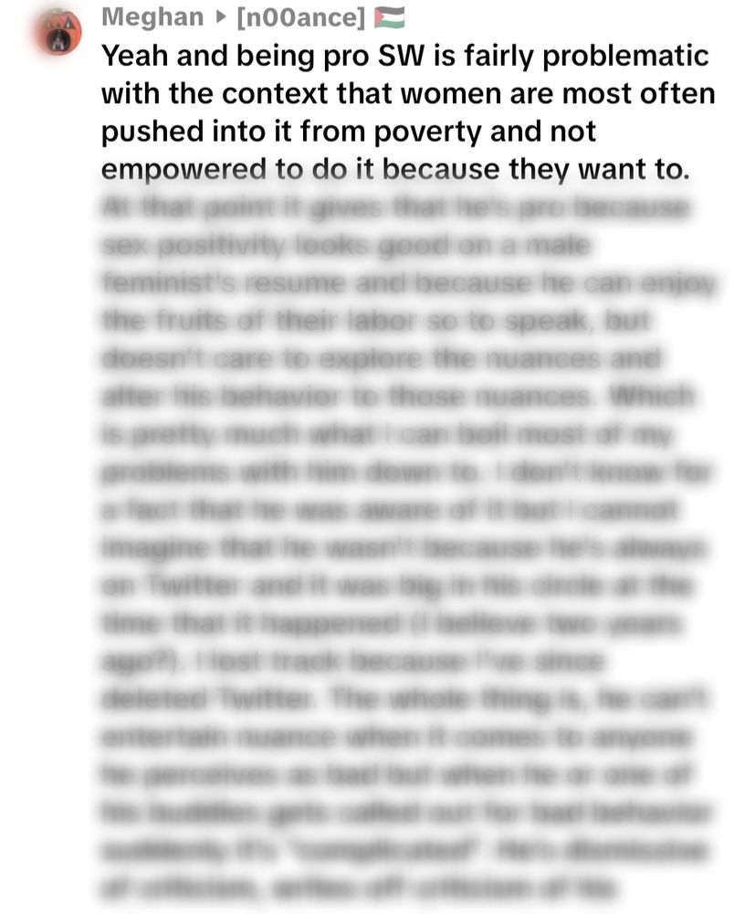 TikTok comment showing large paragraph of text mostly blurred, visible region reads:

"Yeah and being pro SW is fairly problematic with the context that women are most often pushed into it from poverty and not empowered to do it because they want to."