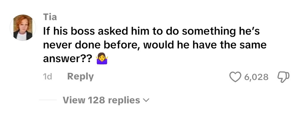 TikTok user Tia:

"If his boss asked him to do something he's never done before, would he have the same answer??"