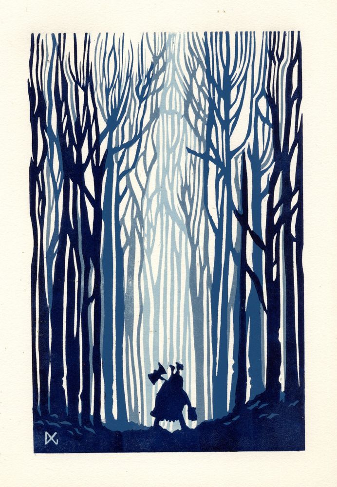 A linocut print depicting a forest in different shades of blue, with a small figure walking into it at the bottom.